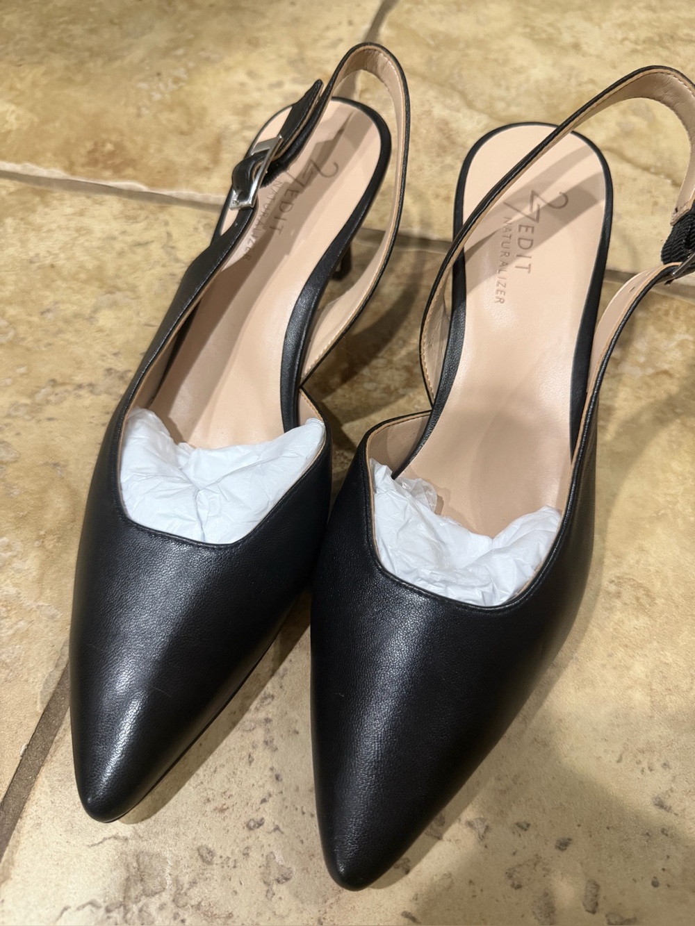 27 EDIT by Naturalizer “Felicia” half d’Orsay slingback pump in black leather.
